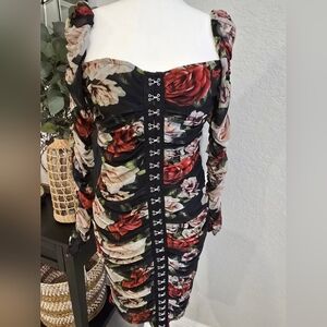 Floral Black Dress with Red and White Roses